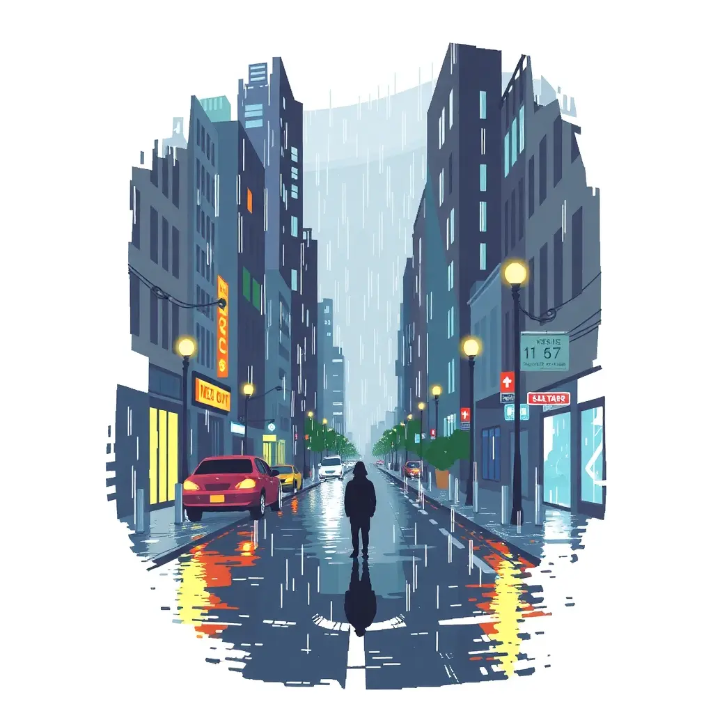 Rainy city street with a lonely figure